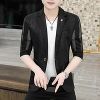 summer thin seven points sleeve suit male korean trend slim hollow out five points sleeve suit mens short sleeves single west