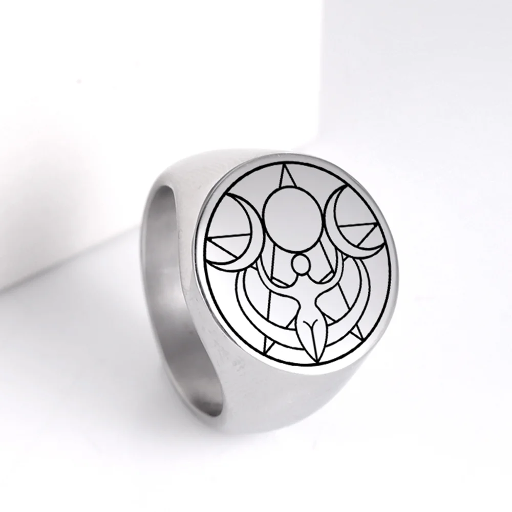 

COOLTIME Retro Triple Moon Goddess Rings for Men Viking Pentagram Wicca Witch Jewelry Magic Amulet Jewelry Stainless Steel 2022