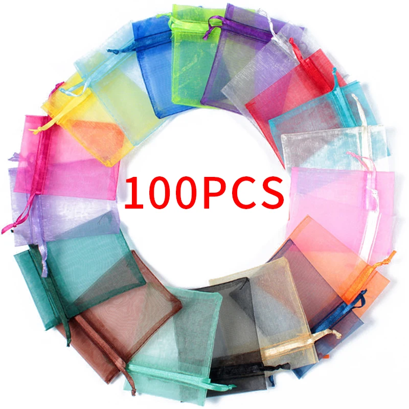 

100pcs Drawstring Jewelry Bag Pouch Organza Packaging Bags Wedding Party Decoration Drawable Storage Gift Pouches