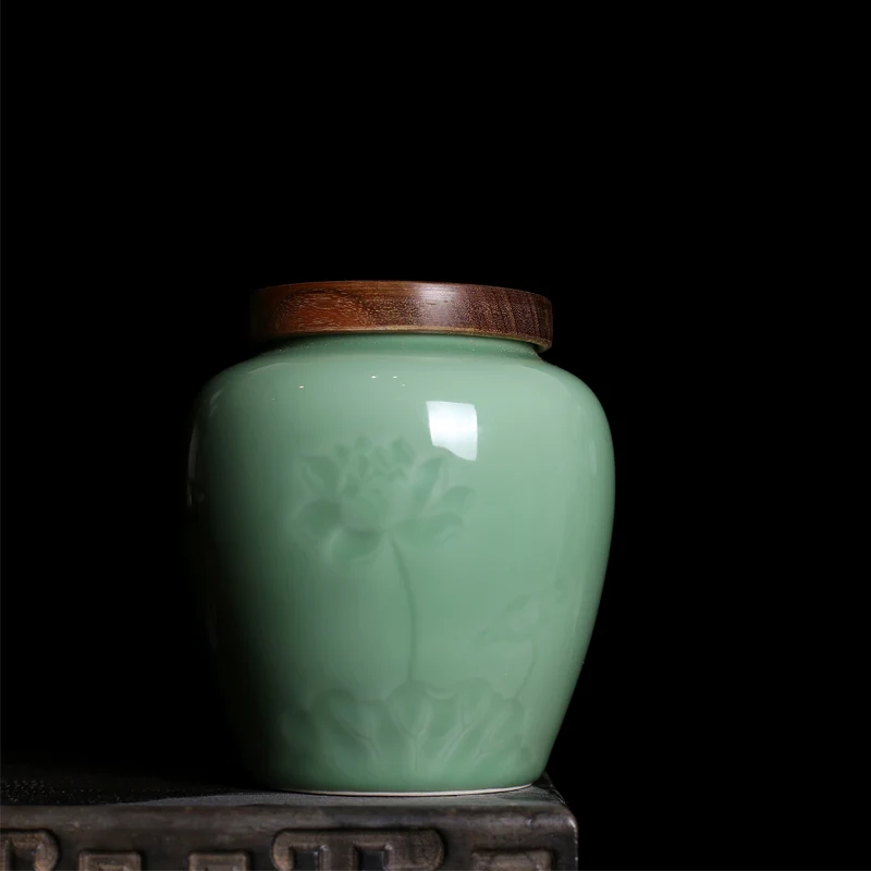

Longquan Celadon Sealed Jar Household Tea Storage Canister Medicine Can Wooden Lid Ceramic Tea Caddy Tea Packaging Box