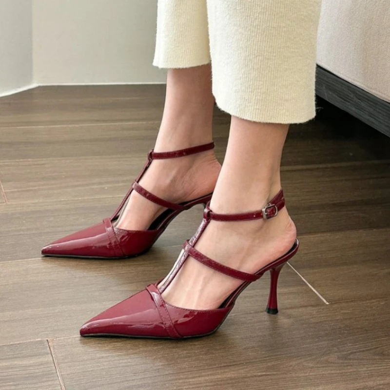 

Solid Pointed Toe Slingbacks Patent Leather High Heels Buckle Strap Stiletto Pumps Metal Decor Women Shoes Sexy Shallow Zapatos