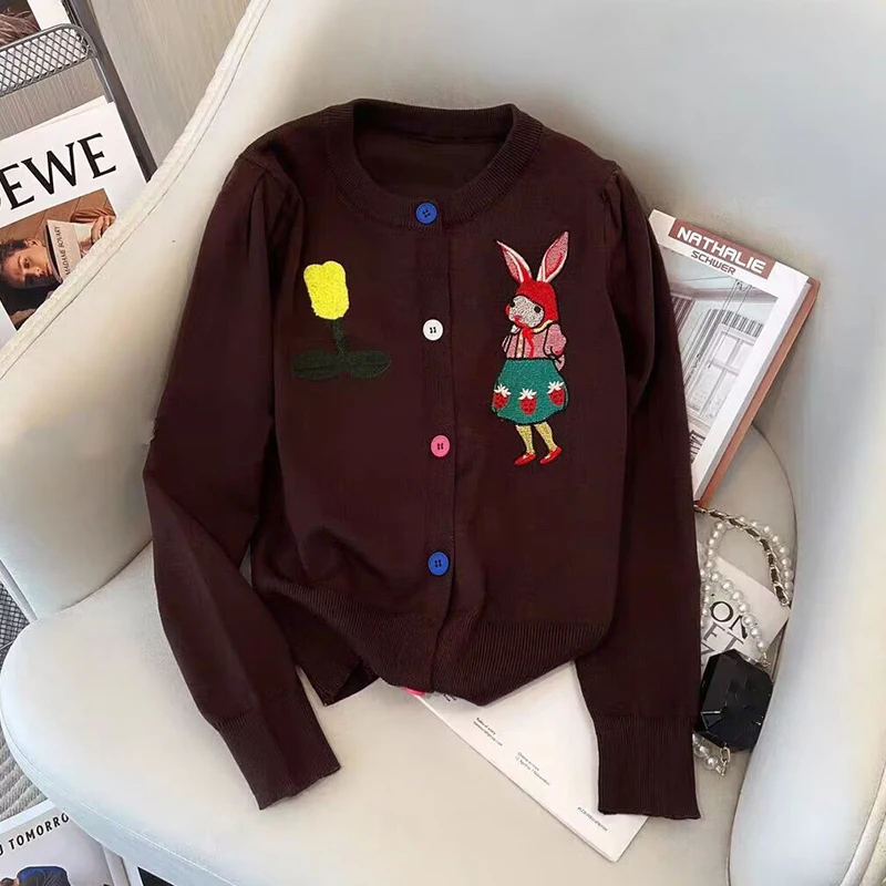 Осенний винтажный женский свитер кардиган с круглым вырезом повседневное