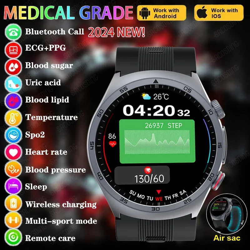 Глюкоза в крови Точное обнаружение Артериальное давление NFC Смарт-часы Мужчины