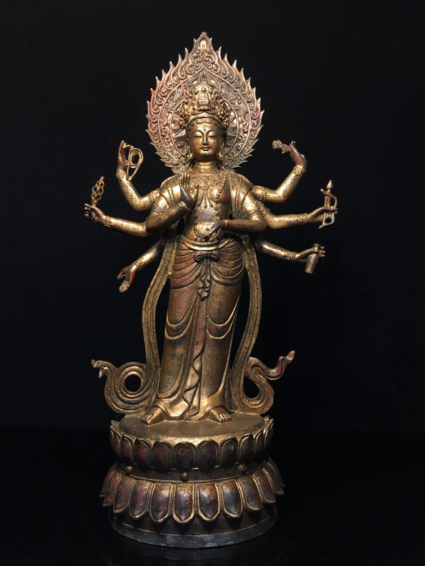 

16"Tibet Temple Collection Old Bronze Cinnabar Mud gold Namgyalma Eight arm Backlight Lotus Terrace Buddha Worship Hall