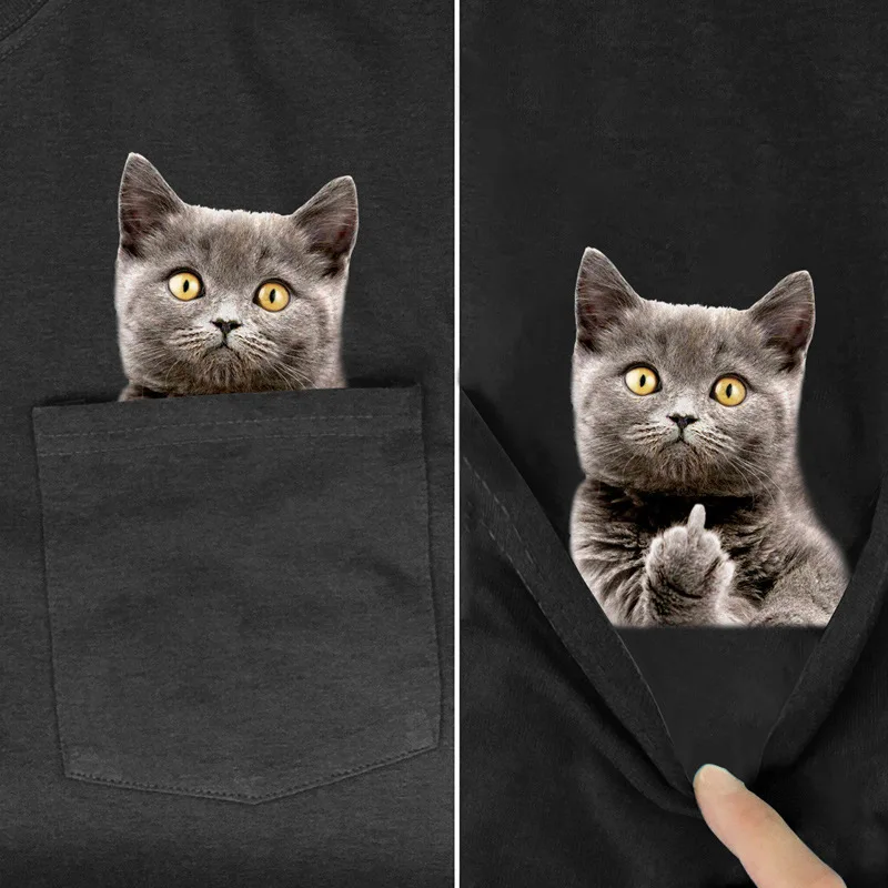 

Animal T-Shirt Fashion Hip Hop Tops Brand Summer Pocket Cat Stickers Printed Men's Women Shirts Funny Cotton Tees