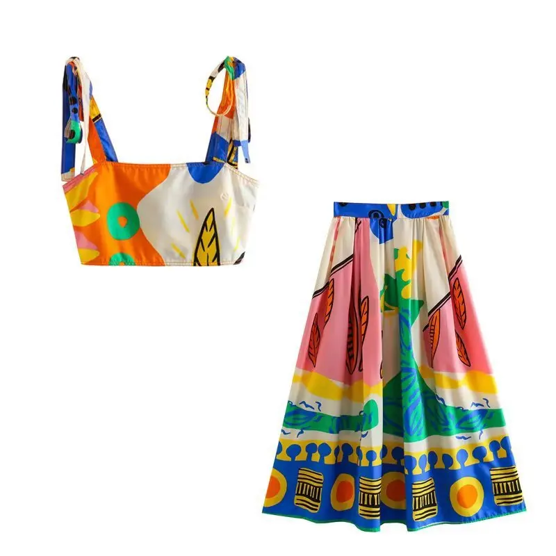 

TRAF Women Summer Vintage Patchwork Totem Floral Print Big Swing Casual Midi Skirt Faldas Mujer Female Chic Zipper Vestidos