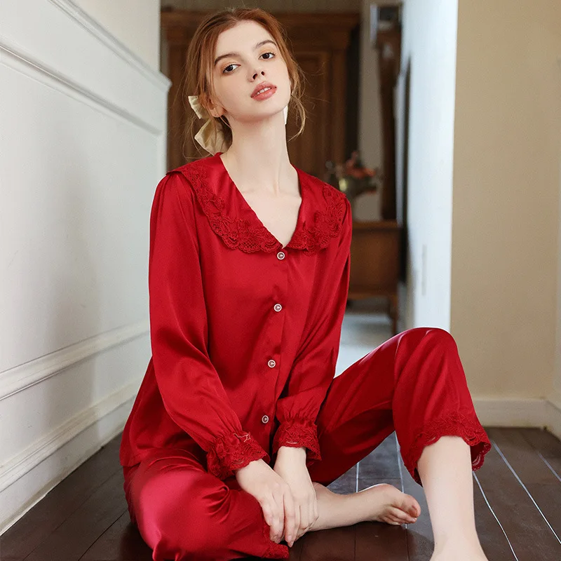 

Autumn New Lady Cute Homewear Full Sleeve Shirt&Pant 2PCS Pyjamas Sets Lace Peter pan Collar Sweet Sleepwear Loose Nightwear