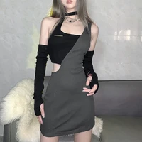 weiyao fashion stitching classic contrast color design sense big breasts small halter vest clavicle slim black sleeve dress