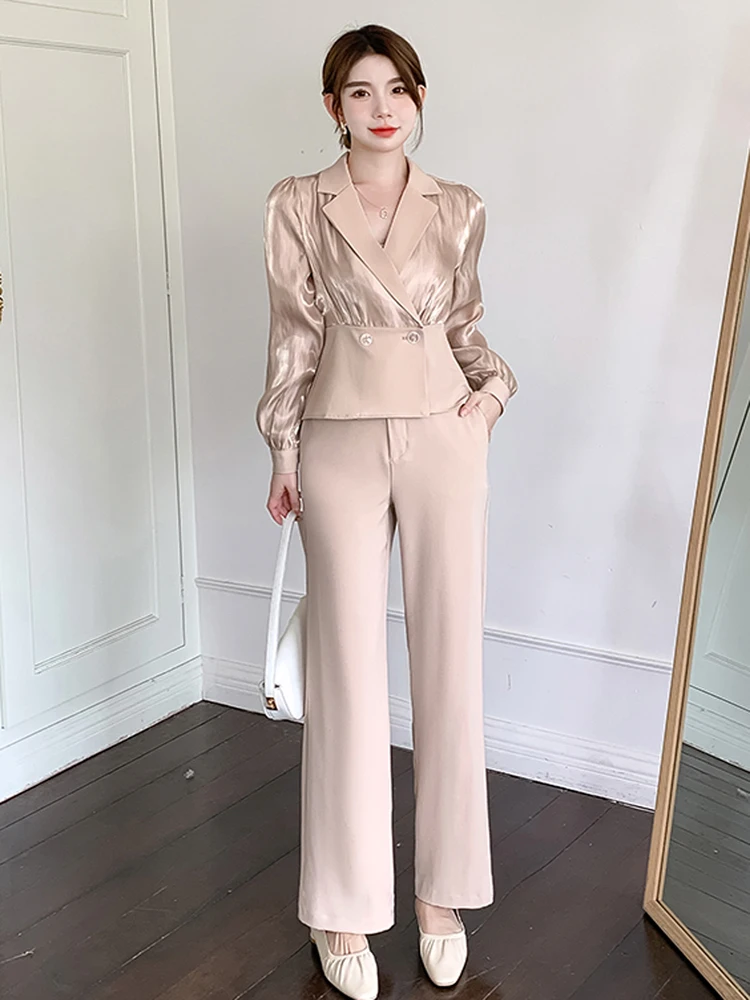 

High End New Women's Autumn Pants Suits Elegant OL Slim Patchwork Notched Blazer Shirt Top + Wide Leg Trousers Sets Female