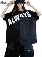 max lulu 2022 korean new fashion clothing womens printed black tees ladies o neck casual t shirts girls luxury cotton tops