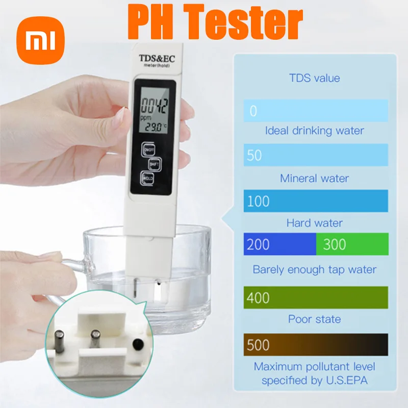 

Цифровой тестер качества воды Xiaomi TDS EC, измеритель диапазона 0-9990, многофункциональный измеритель чистоты воды, температуры, тестер PPM