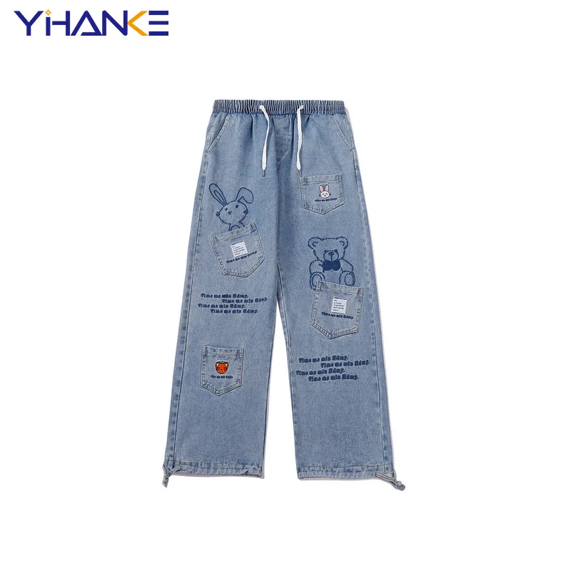 Harajuku Japanese Retro Bear Embroidered Wash Jeans Men and Women Couples with The Same Paragraph Loose Straight Trousers Tide