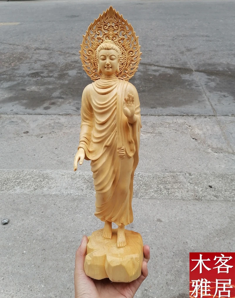 

Wood Carving Sakyamuni Buddha Bodhisattva/Buddha Statue Decoration Home Buddhist Hall Worship Buddha Walker Solid Wood Character