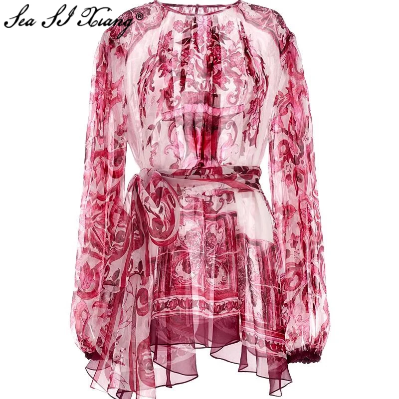 

Seasixiang модное дизайнерское Летнее шелковое платье для женщин красный синий цветок фарфоровый принт ремень свободное женское платье для отпуска