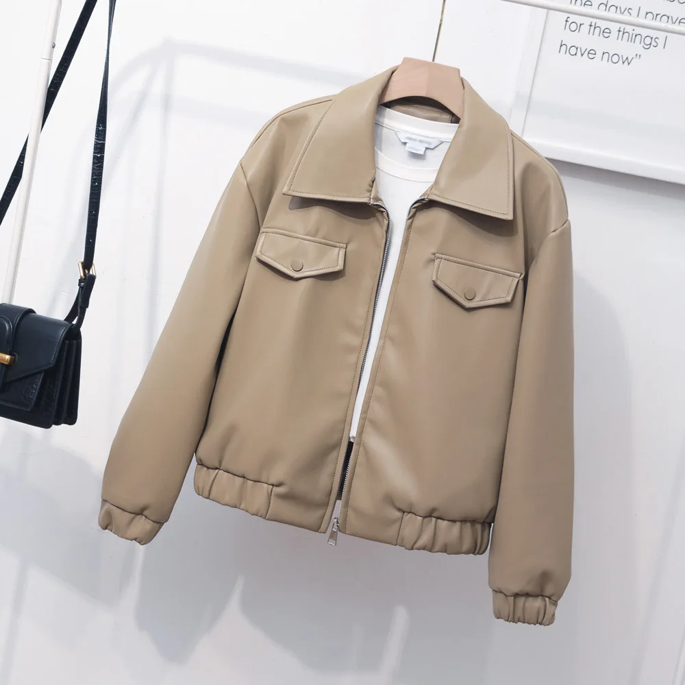 2023 Spring lapel women's loose soft leather clothes threaded cuffs hem leather jacket hidden pocket