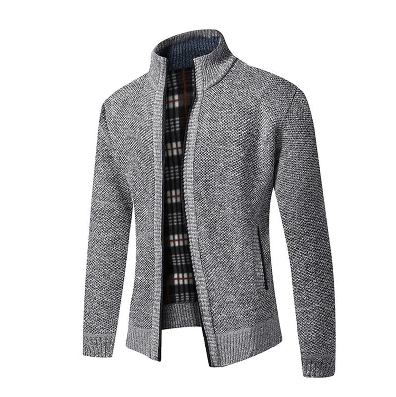 Men's Knitted Sweater Winter Fashion Warm Thicker Cardigan Solid Stand Collar Outwear Male Wool Zipper Vintage Gray Jackets