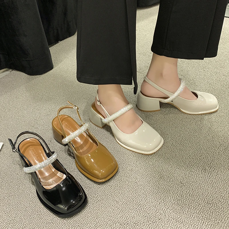 

Open Shoes Heel Med Chunky Sandals Mary Jane Suit Female Beige 2022 Women's Medium Block Black Closed Leather Girls New Clear Rh