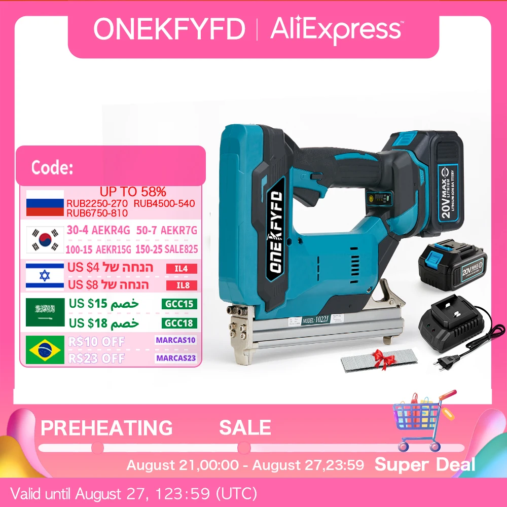 Brushless Wireless Cordless 1022J U Staples Electric Nail Gun Stapler Nailer Lithium Battery + 1set Nails For Makita 18V Battery