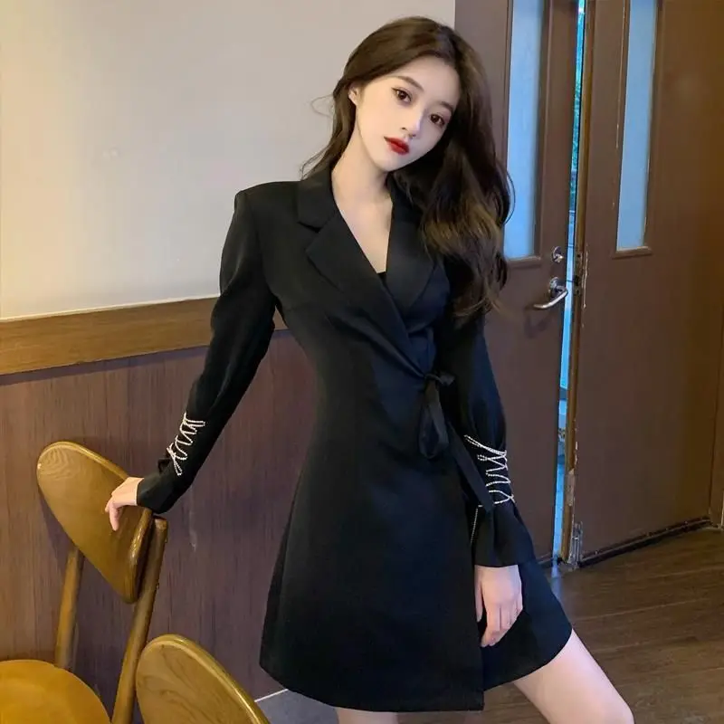 

Women Black Blazer Dress Jacket Lace Up Long Sleeve Office Ladies Jacket Female Outfit 2022 New Autumn Clothing Office Lady Goth