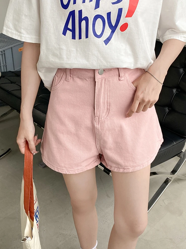 New Spring Summer Women High Waist Wide Leg Pink Denim Shorts Casual Female Button Loose Jeans Shorts Ladies Bottoms