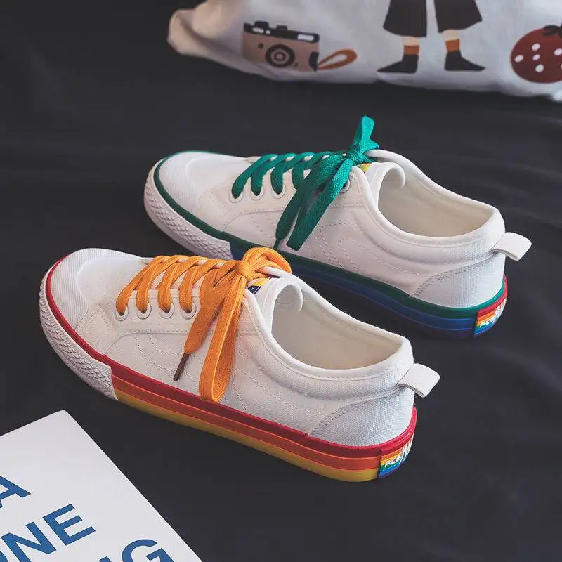 

Women Vulcanized Shoes 2022 Trend Spring Canvas Sneakers Summer Rainbow Female Platform Walking Flats Casual Flat Shoe