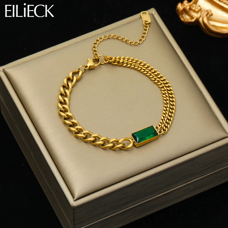 

EILIECK 316L Stainless Steel Green Crystal Charm Bangles Bracelet For Women Girl Fashion Waterproof Jewelry Gift Accessories