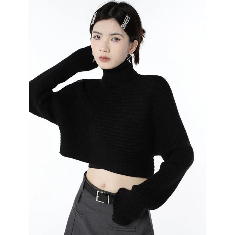 

Women Black Sweater High Collar Fashion Vintage Leisure Lazy Wind Loose Winter Female Warm Long Sleeve Knitting Pullover