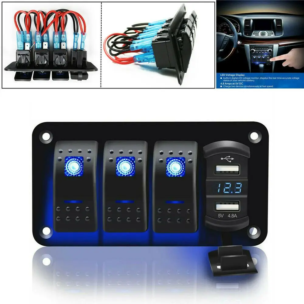 

4 Gang 12V/24V LED Rocker Switch Panel Dual USB Port ON Off Toggle Switch Digital Voltmeter For Car RV Camper Caravans