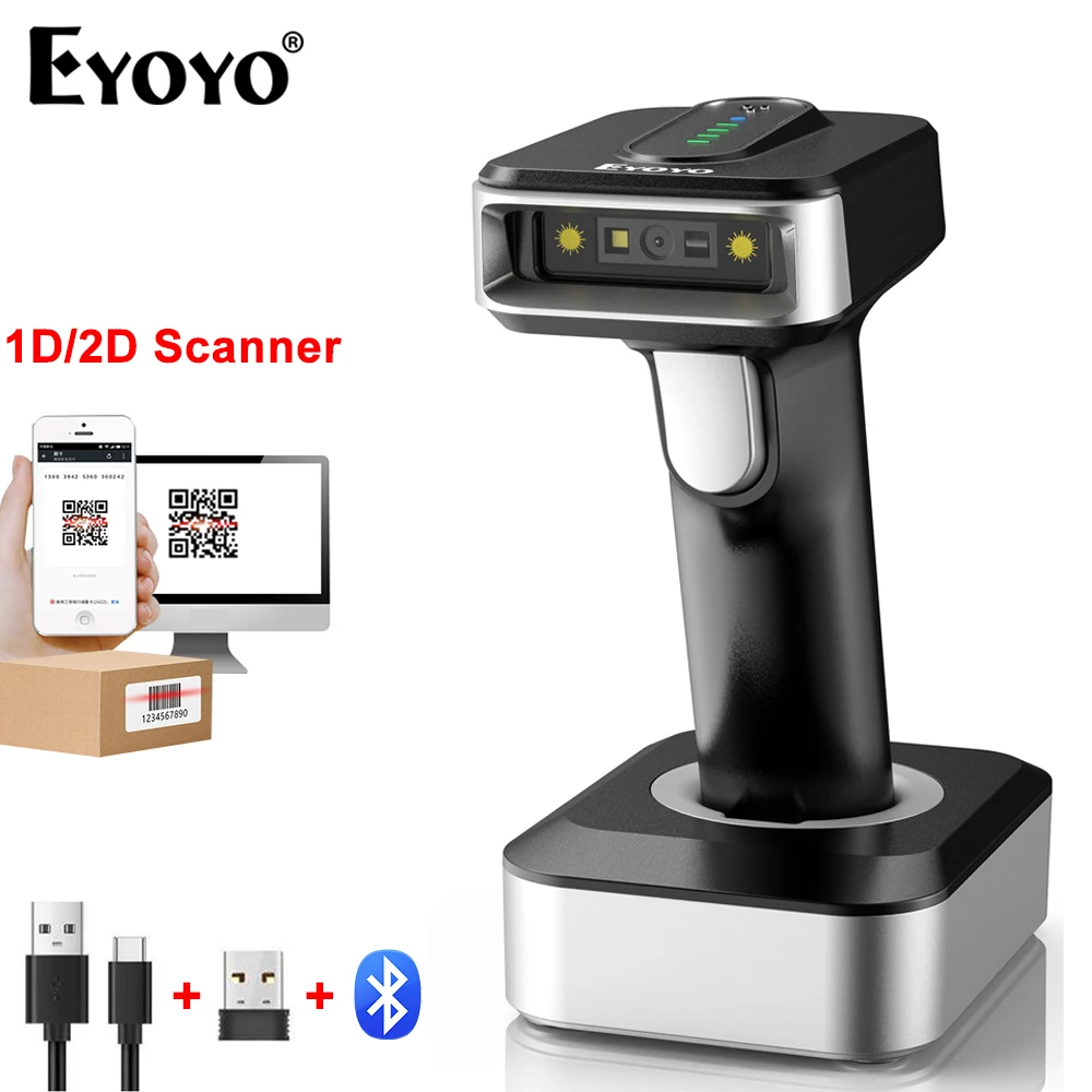 Eyoyo – scanneur de codes-barres 1D Bluetooth à détection automatique, lecteur de codes QR 2D sans fil, avec indicateur de puissance de 2500mAh, 4 mil