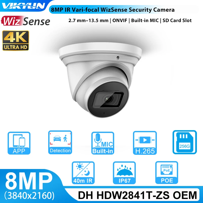 

Vikylin For Dahua Outdoor Security Camera OEM 4K HDW2841T-S 8MP WizSense POE MIC SD Card Slot H.265 IR 30m IVS Onvif IP67 IP Cam