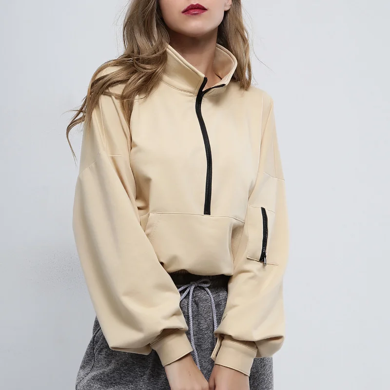 

Sweatshirt Women's Women's Stand-up Collar Zipper Stretch Fashion Street Style Solid Color Pocket High Collar Casual Sweater