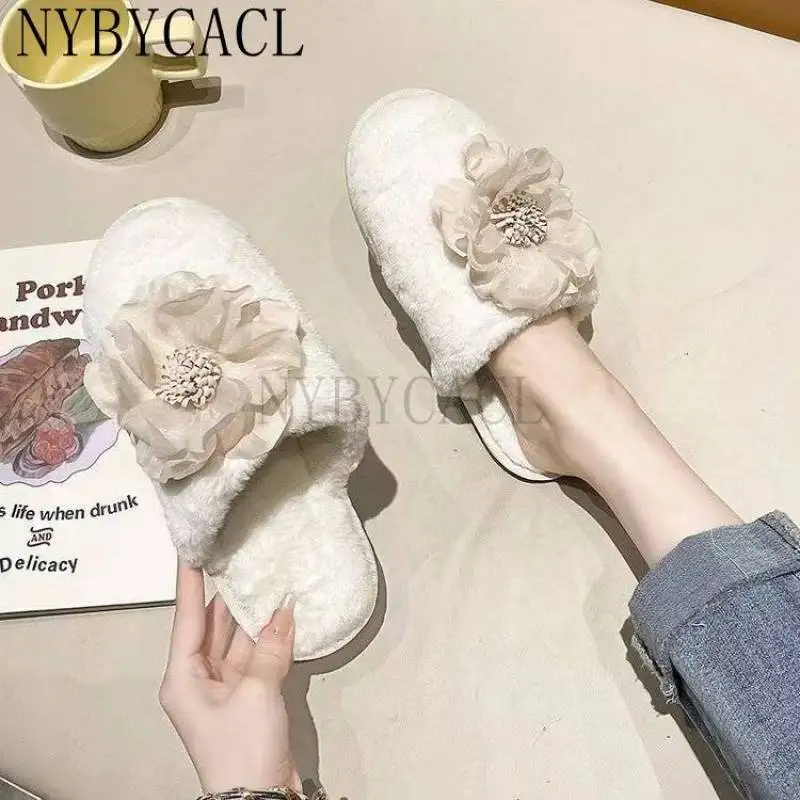 

Women Slippers Indoor Flip Flops Winter Warm Short Plush Fashion Flower Platform Silent Non-slip Shoes Slides Flats Baotou shoes