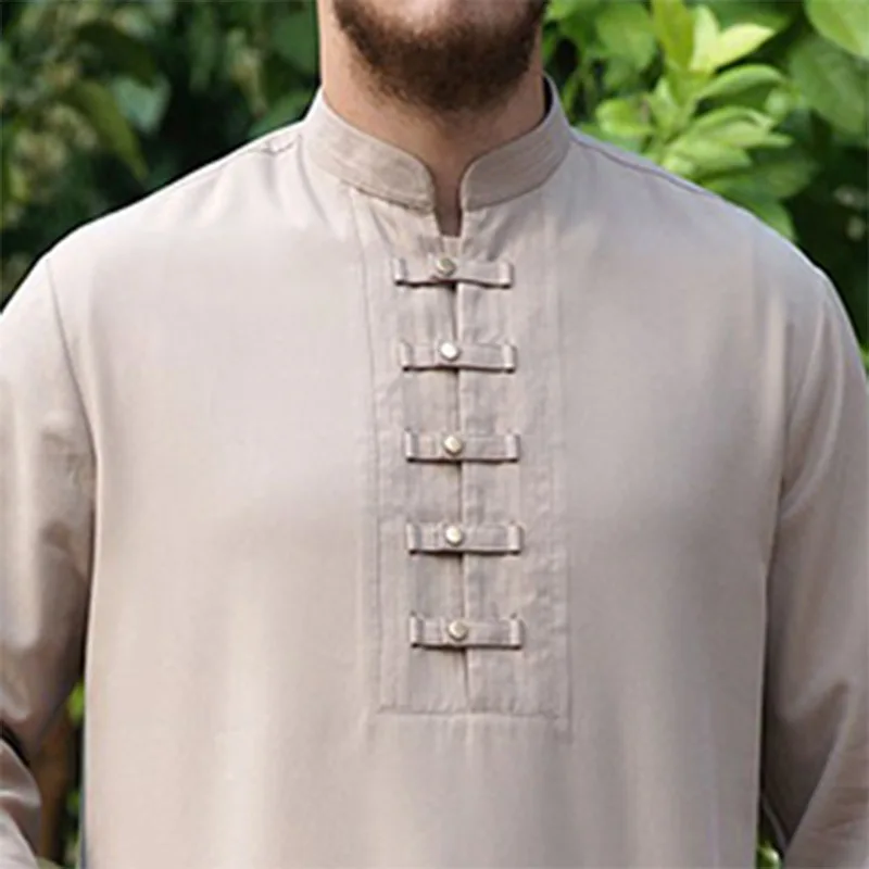 New Solid Color Middle East Ramadan Button Simple Men's Muslim Robe Arabic De Moda Musulmana Islamic Clothing