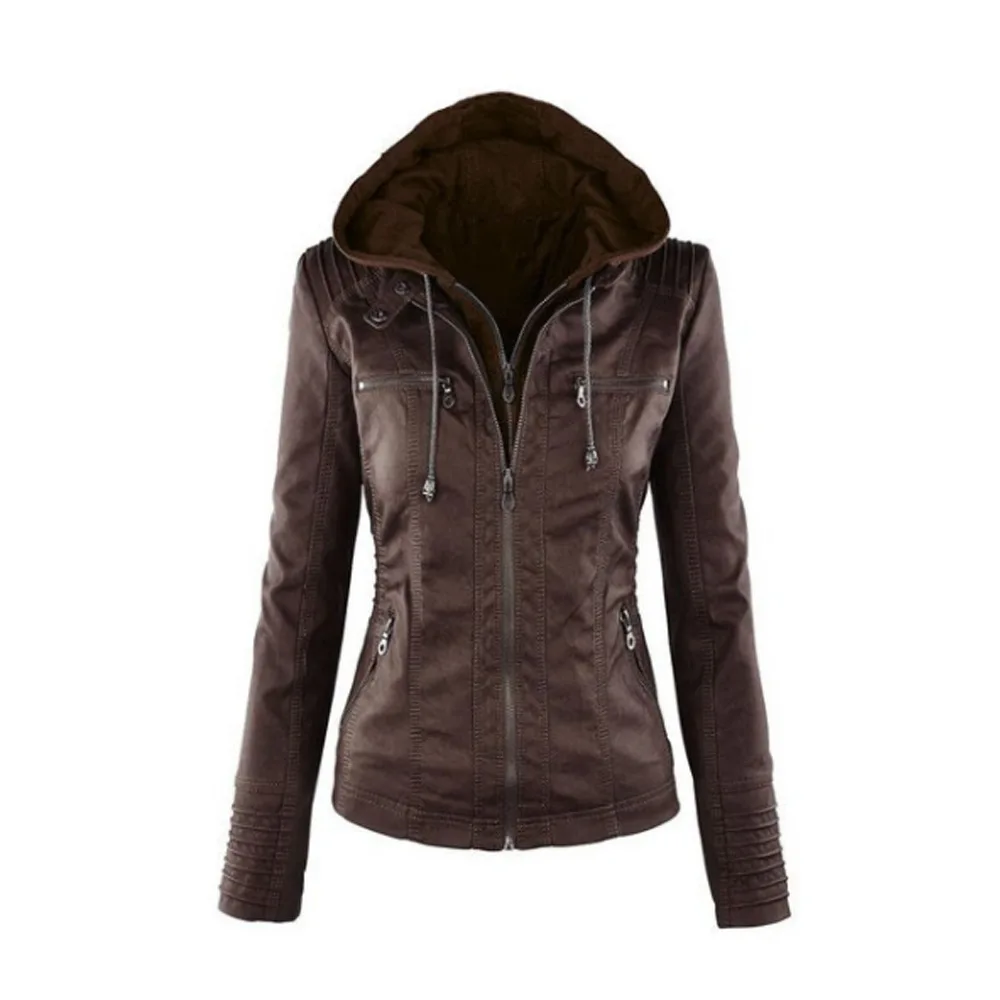 New Fashion Women's PU Leather Jacket Hooded Fake Two Pieces Jacket Long Sleeve zipper Jackets for Women Veste Femme