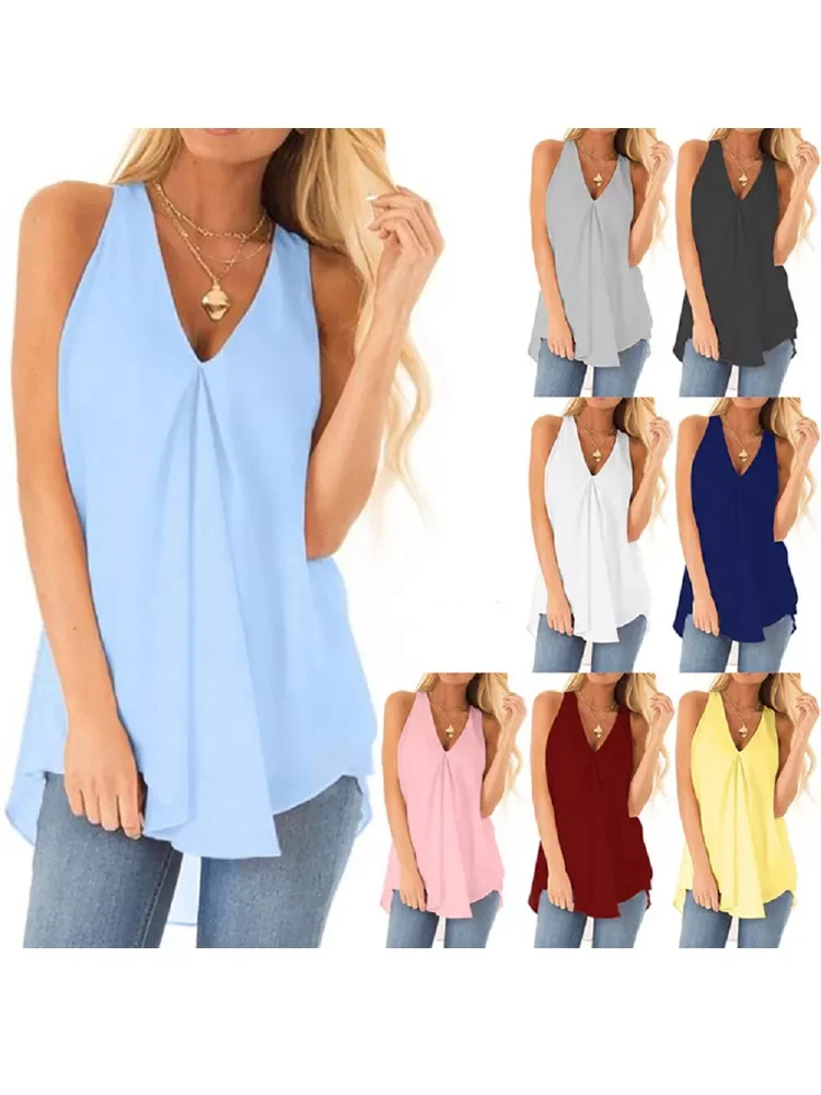 

New in 2022 Blouses Women Tops and Blouse Sleeveless Soft Loose Blouse Women V-neck Summer Woman Ladies Shirts Plus Size 6XL