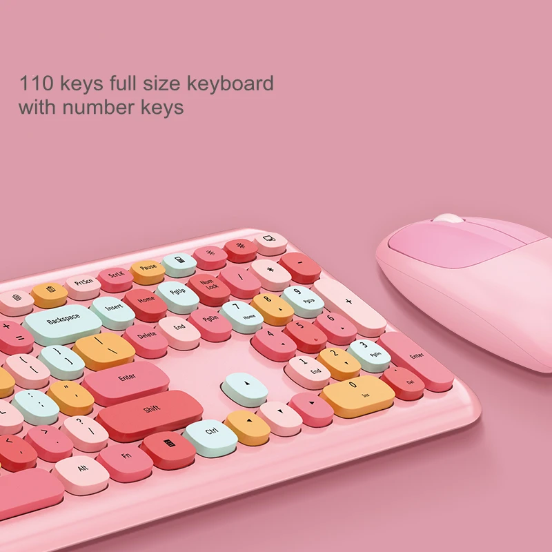 2.4G Wireless Full Size Silent Keyboard Mouse Kit Set Female Women Girl 110 Key Cute Pink Purple Black Blue Green For PC Laptop - купить по