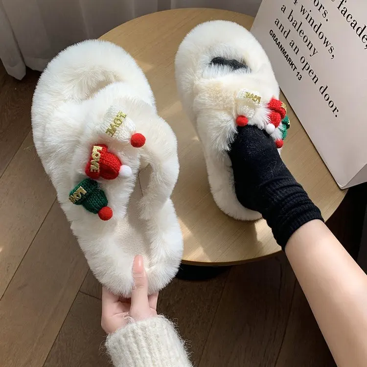 

2023 Winter Christmas Women Furry Slippers Soft Plush Floor Shoes Ladie Cute Indoor Cross Fluffy Slippers Flip Flop House Slides