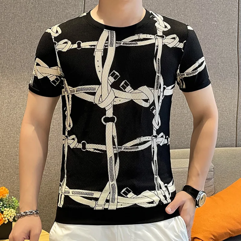 

Футболка мужская сетчатая, контрастная строчка, цветная облегающая, с круглым вырезом, тянущаяся, уличная одежда, повседневная