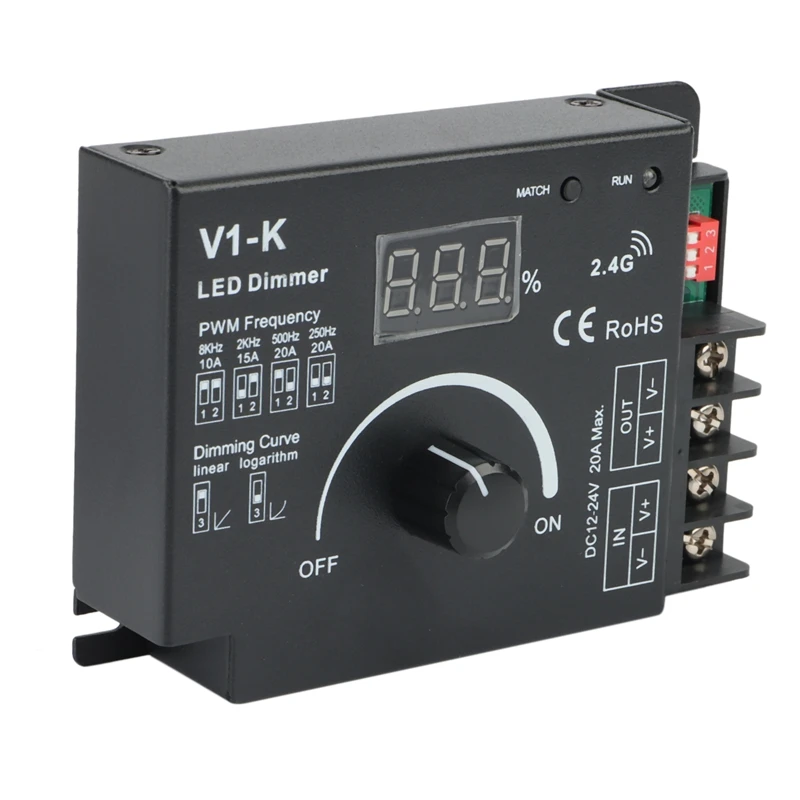 

V1-K Led Dimmer 1Channel 12V 24V PWM Dimmer Switch Knob 20A Frequency Adjustable for Single Color LED Strip Controller