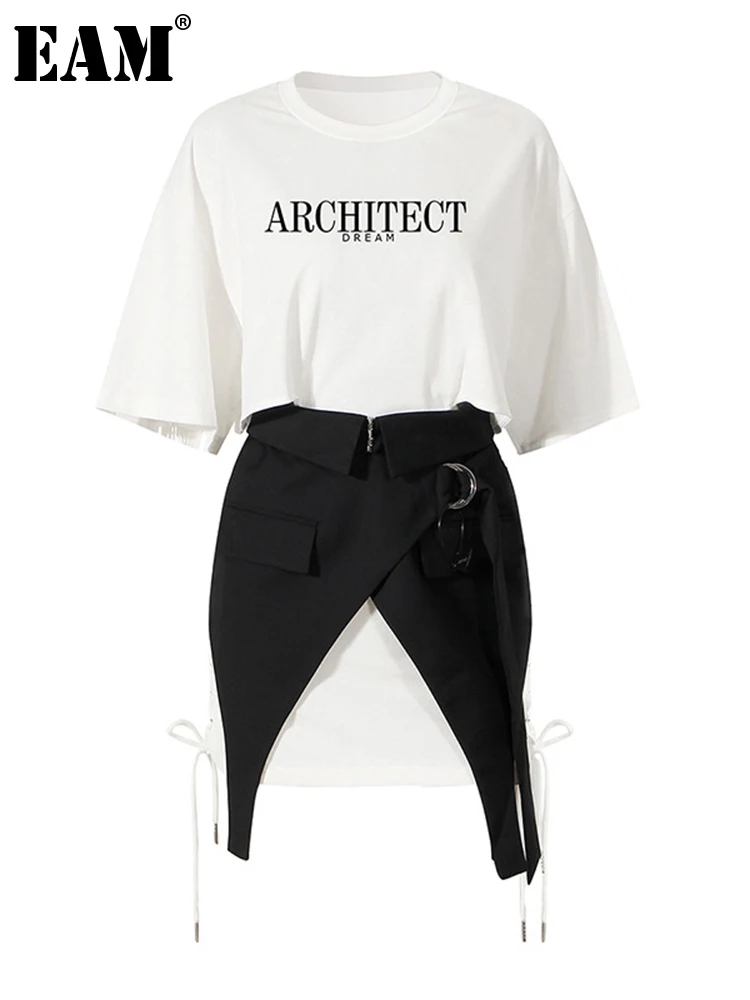 

[EAM] Hollow Out Dress Printed Two Pieces Suit New Round Neck Half Sleeve Black Loose Women Fashion Spring Summer 2022 1DD8669