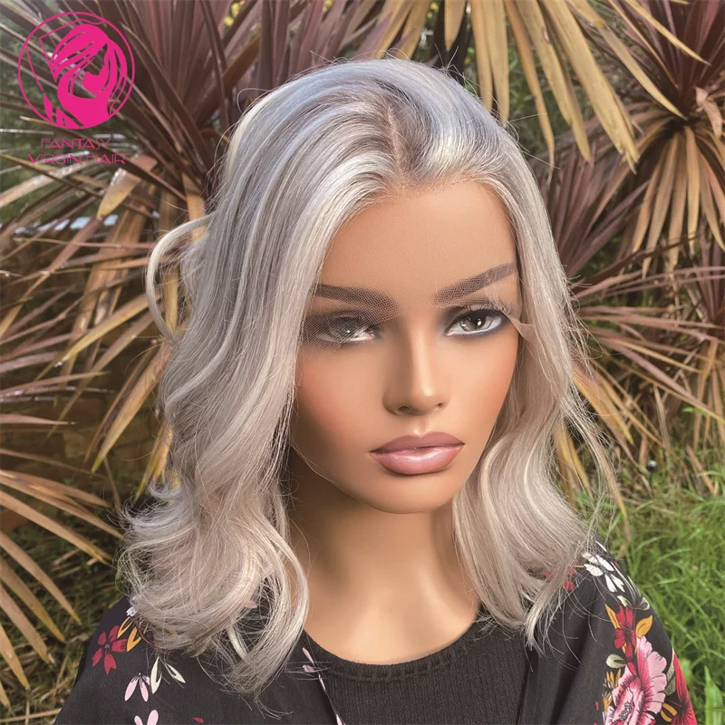 Cheap Bob Medium Human Hair Wig Platinum Blonde White Highlights Lace Front Wig 13x4 Natural Wavy Pre Plucked Women Lace Wigs