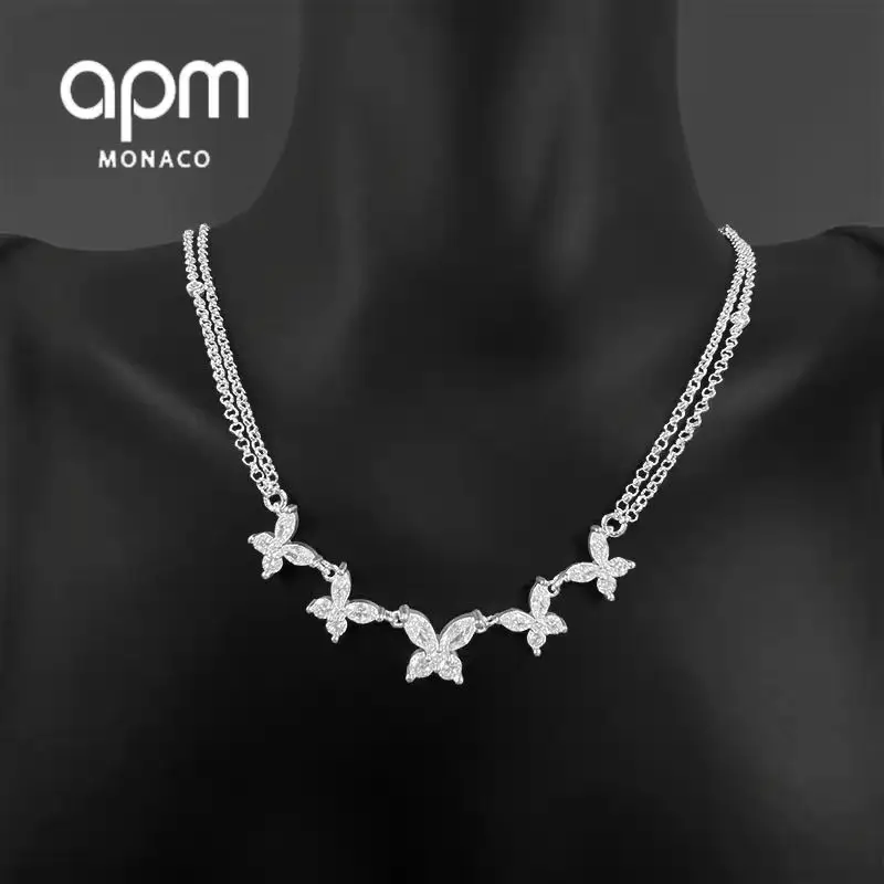 

APM Monaco Butterfly Set Diamond Double Layer Thin Chain Jewelry Women's Luxury Elegant Delicate Adjustable Clavicle Necklace