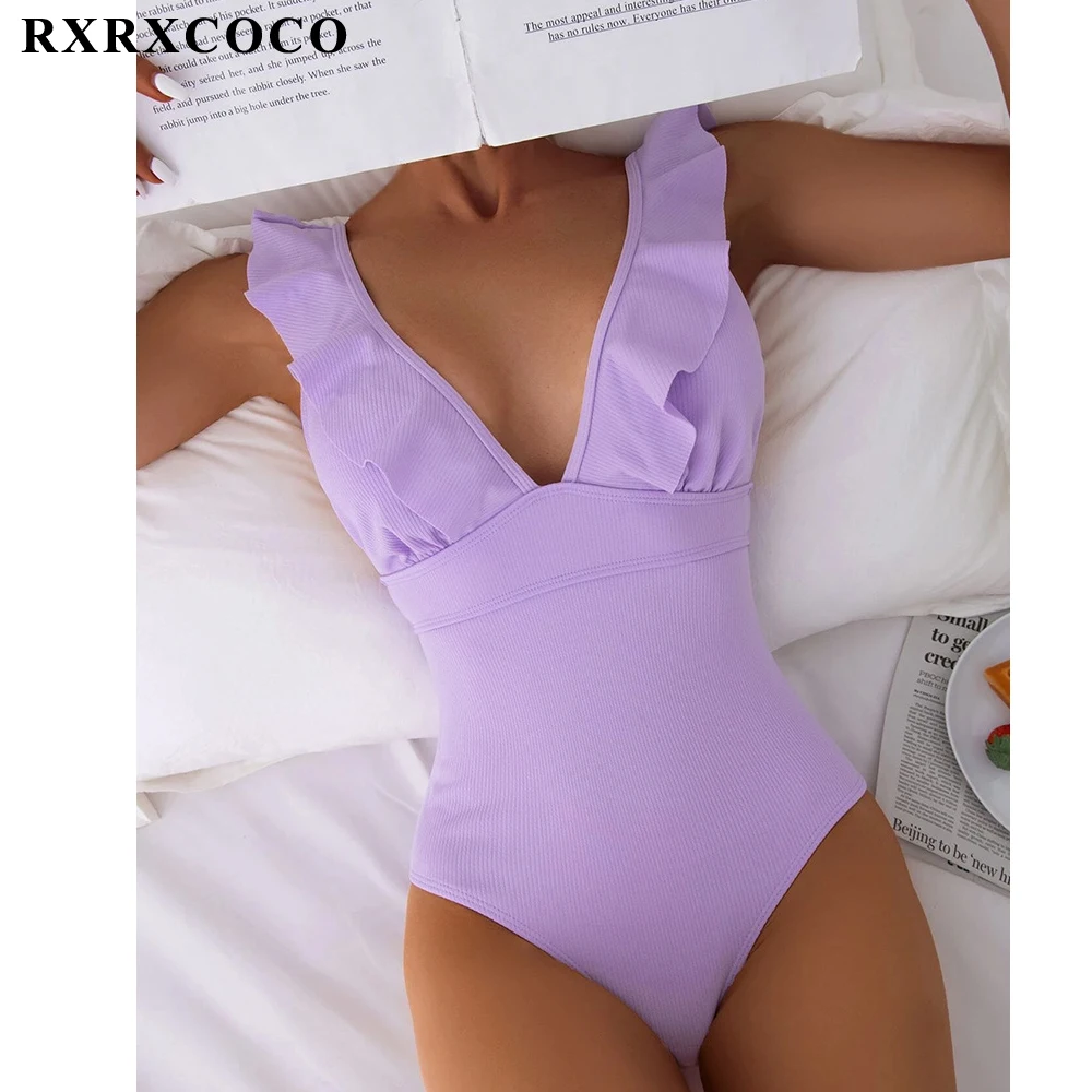 

Цельнокроеный женский купальник RXRXCOCO с оборками и открытой спиной, летний сексуальный женский пляжный костюм с высокой талией, облегающий ...