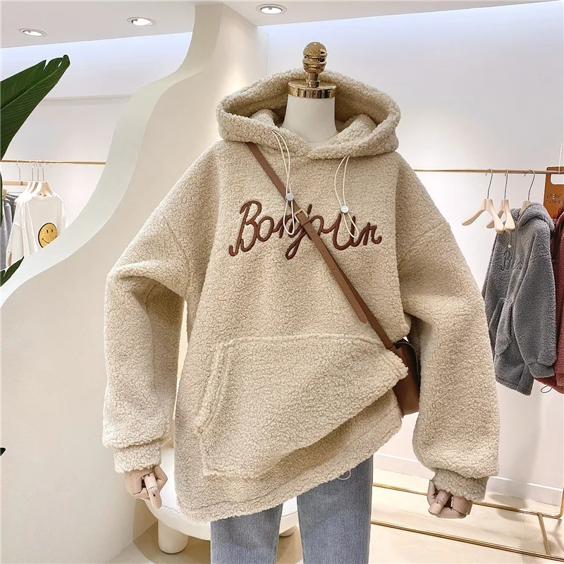 

2021 Women's Lamb Wool Sweater Loose Hooded Plus Velvet Keep Warm Korean Loose Long Sleeves Pullover Sweatshirts Fashion Winter