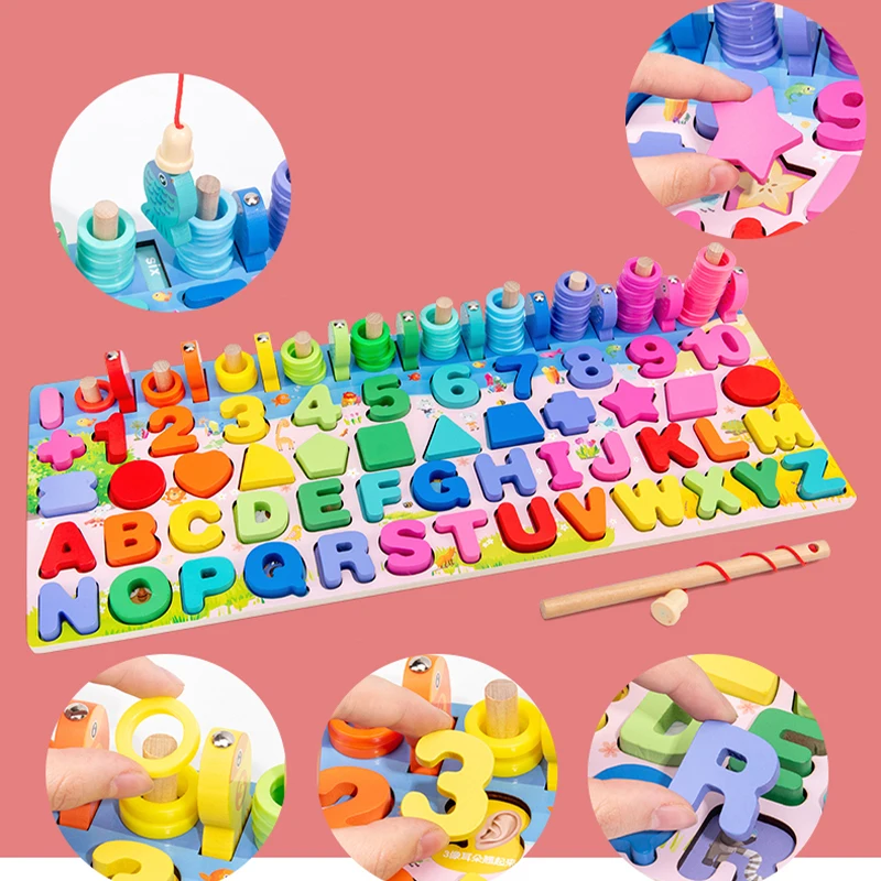 

Educational Wooden Toys Montessori Toy Preschool Counting Geometry Board Games Learn Sorter Fishing Math Cognition Toys For Kids