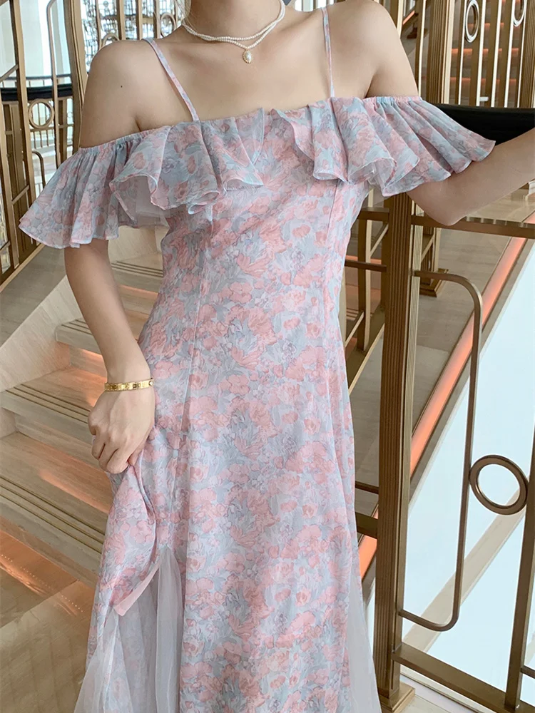 

Платье-Макси женское с открытыми плечами, пляжная одежда с вырезом лодочкой и принтом в Корейском стиле, модная одежда для отдыха, на лето