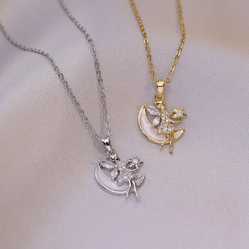 Модное Ожерелье С Ангелом И Луной Кулоном Из Кубического Циркония Цепочка