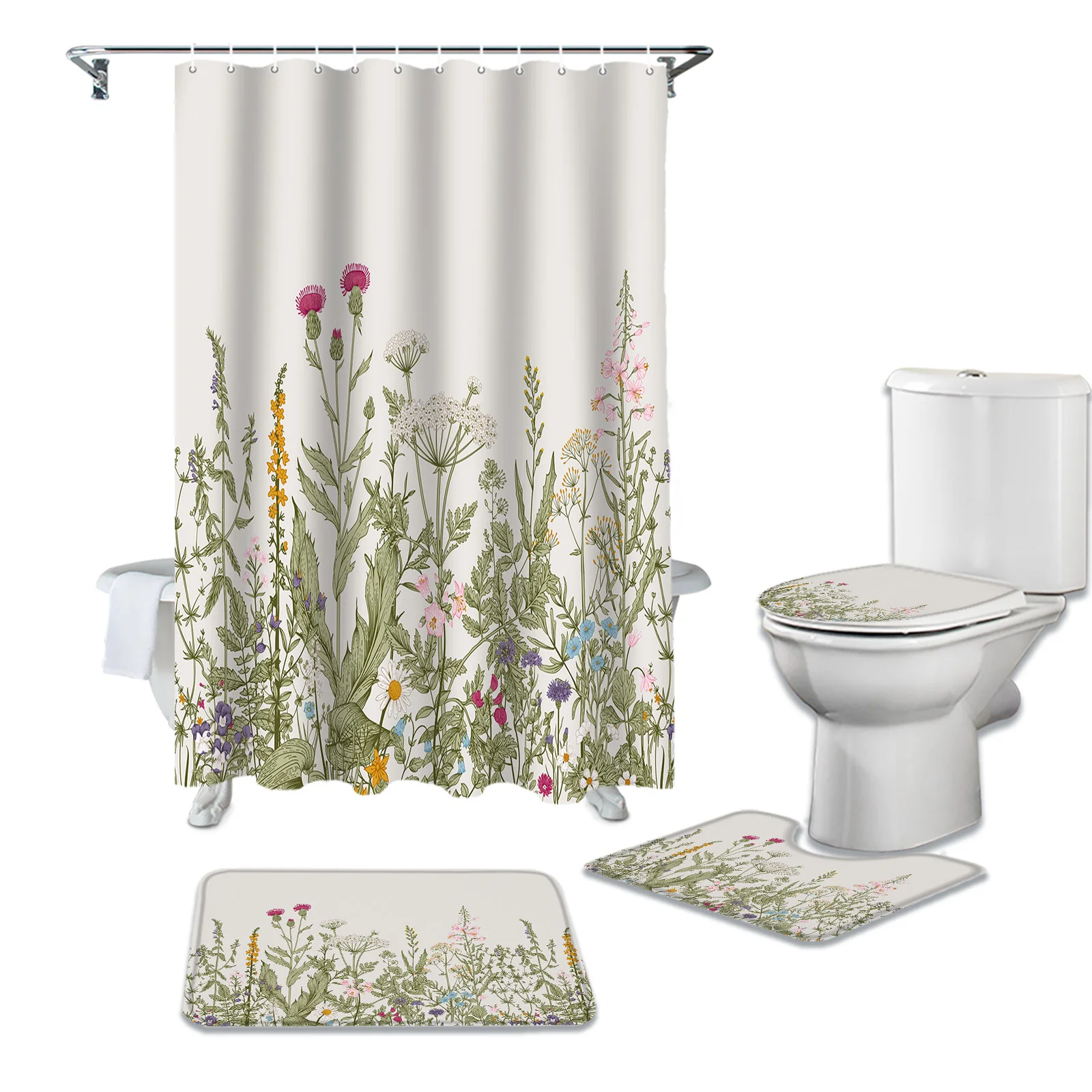 

Винтажная занавеска для душа в ванную комнату с травами и цветами, набор ковриков, крышка для туалета, напольные коврики, аксессуары для ван...