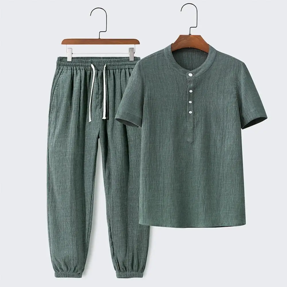 Trendy Men Top Pants Solid Color Summer Crew Neck Top Ankle Tied  Trousers  T-shirt Pants    Top Trousers 1 Set