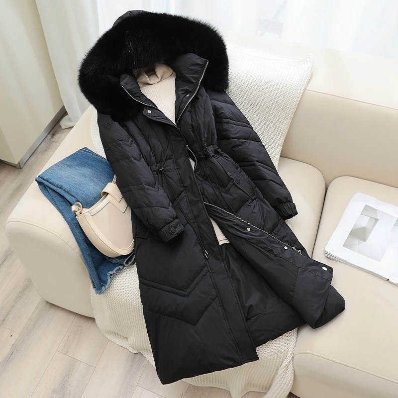 New Women Fox Fur Collar Long Down Jacket Casual Style Autumn Winter Coats And Parkas Female Outwear